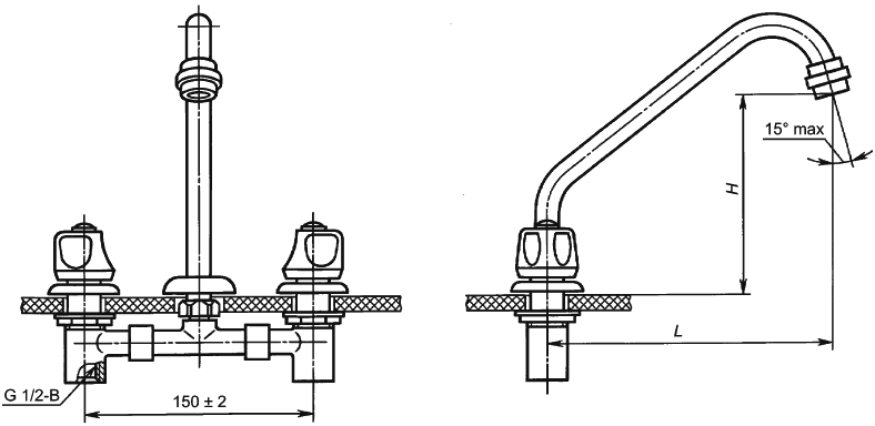 Рисунок 6 — Смеситель для умывальника и мойки двухрукояточный с подводками в раздельных отверстиях набортный, излив с аэратором. Типы См-УмДРБА, См-МДРБА