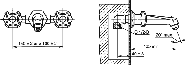 Рисунок 4 — Смеситель для умывальника двухрукояточный с подводками в раздельных отверстиях застенный, излив с аэратором. Тип См-УмДРЗА