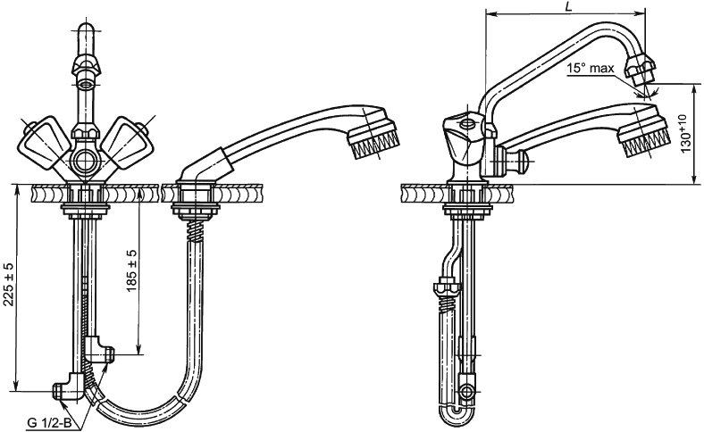 Рисунок 8 — Смеситель для мойки двухрукояточный центральный набортный со щеткой с набортным креплением, излив с аэратором. Тип См-МДЦБЩбА