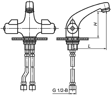 Рисунок 2 — Смеситель для умывальника и мойки двухрукояточный центральный набортный, излив с аэратором. Типы См-УмДЦБА. См-МДЦБА