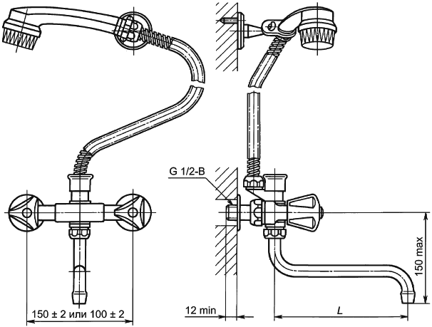 Рисунок 11 — Смеситель для мойки двухрукояточный с подводками в раздельных отверстиях настенный со щеткой с настенным креплением, излив с развальцованным носиком. Тип См-МДРНЩнр