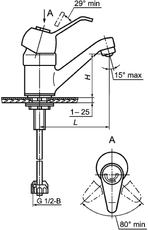 Рисунок 7 — Смеситель для умывальника и мойки однорукояточный центральный набортный, излив с аэратором. Типы См-УмОЦБА, См-МОЦБА